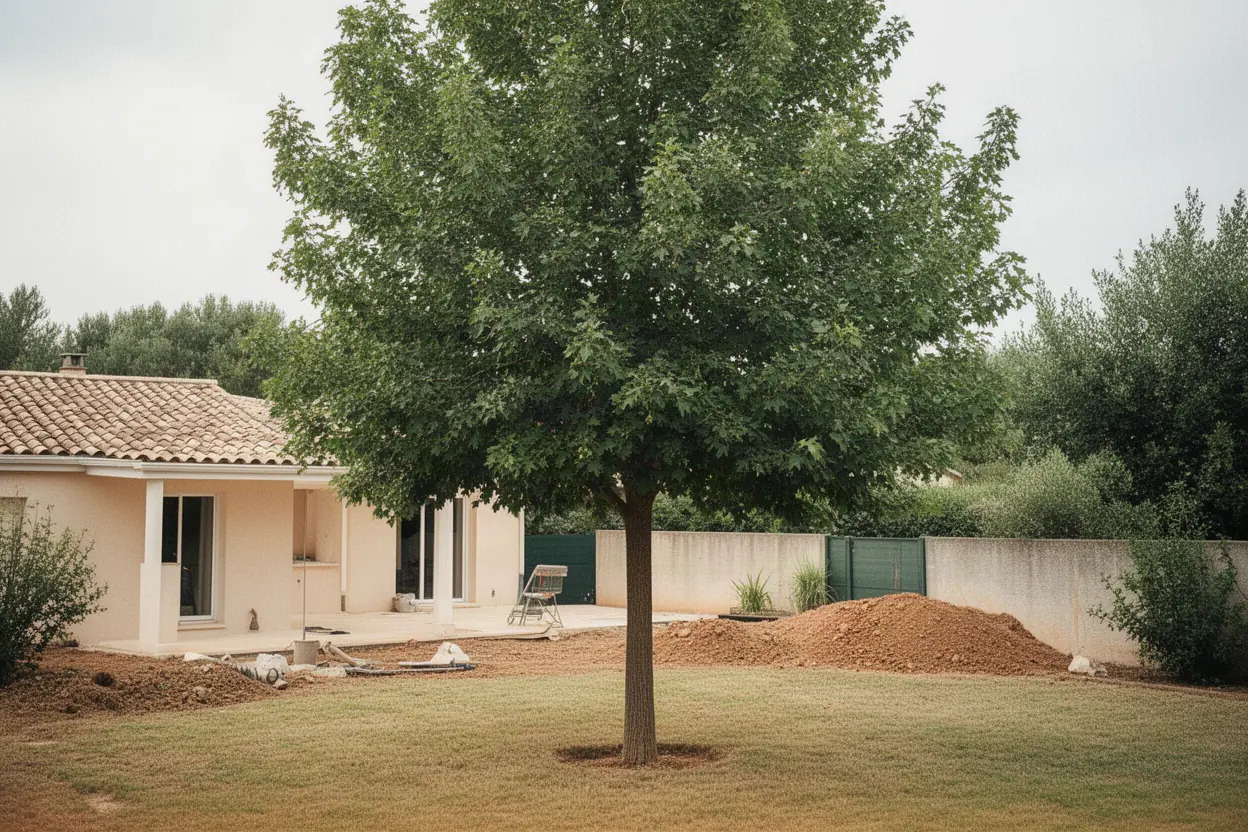 Arbre fragilisé avant démontage près d'une cour à Pernes-les-Fontaines