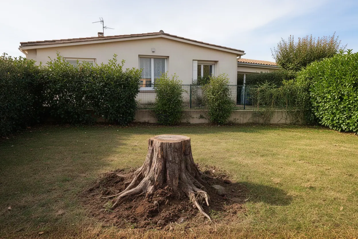 Rognage d’une souche dans un jardin à Avignon avant intervention