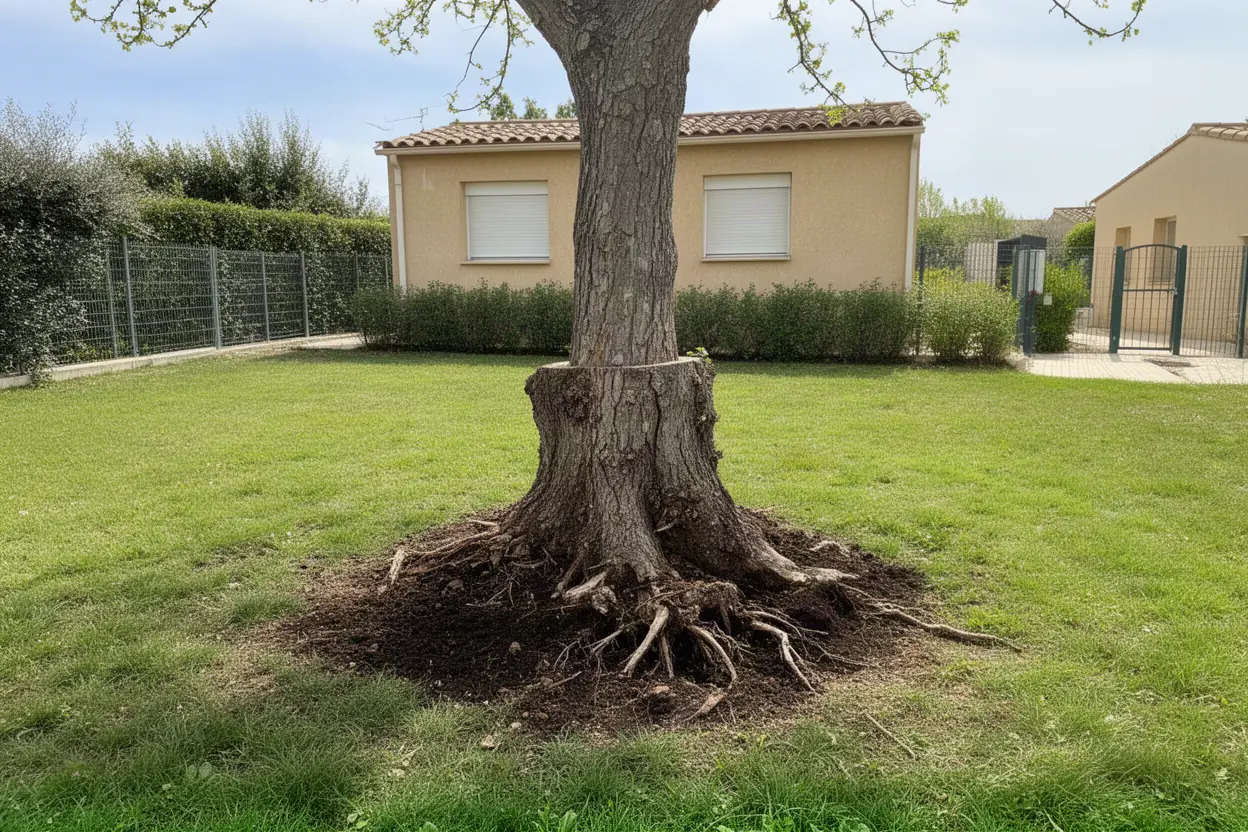 Souche encombrante avant rognage dans un jardin de Barbentane