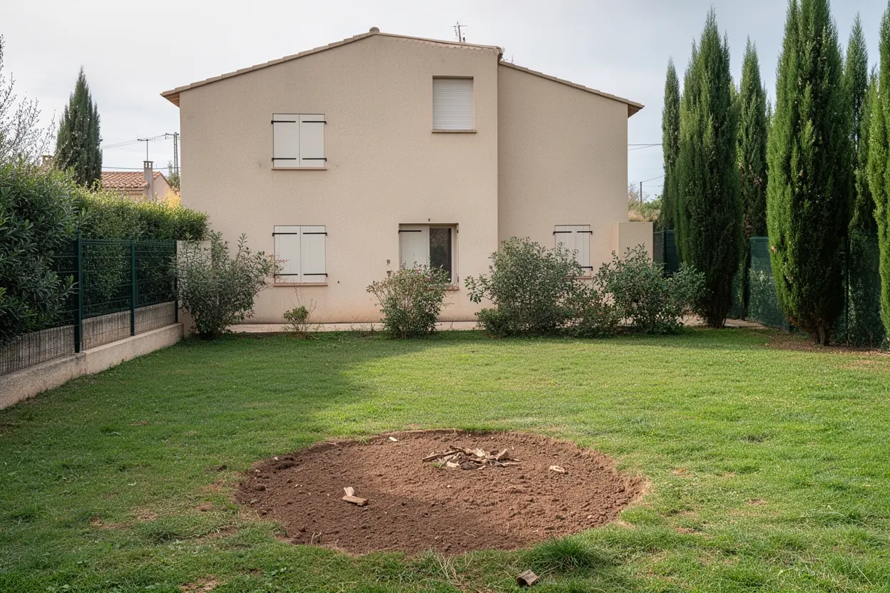 Emplacement de la souche rogné et nivelé, copeaux au sol