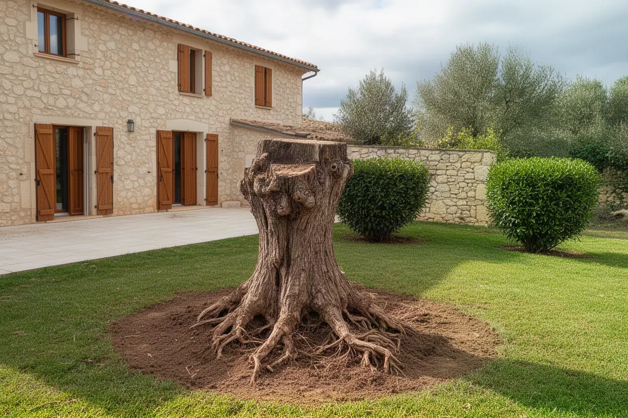 Souche gênante avant rognage dans un jardin des Angles