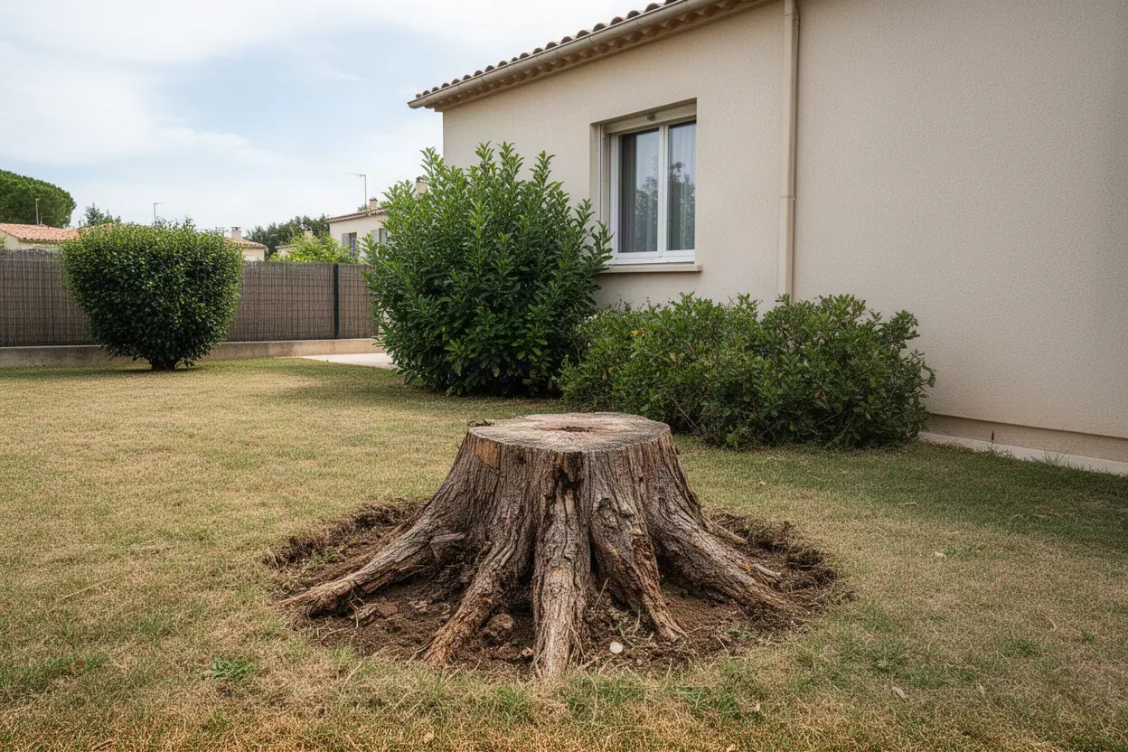 Rognage d’une souche après abattage avant intervention