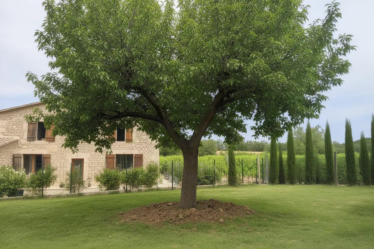 Arbre au houppier dense touchant la toiture d'une maison