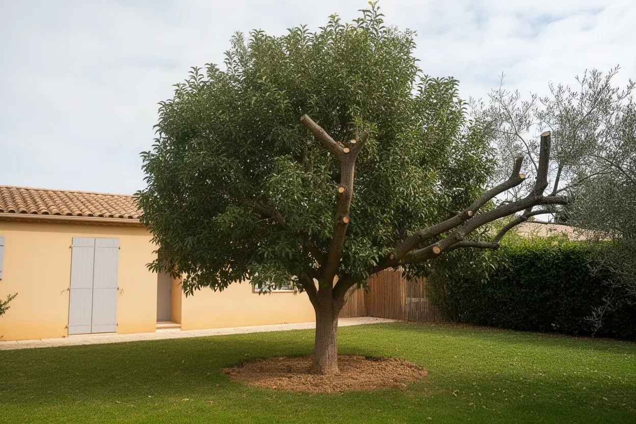 Platane au houppier dense devant une maison