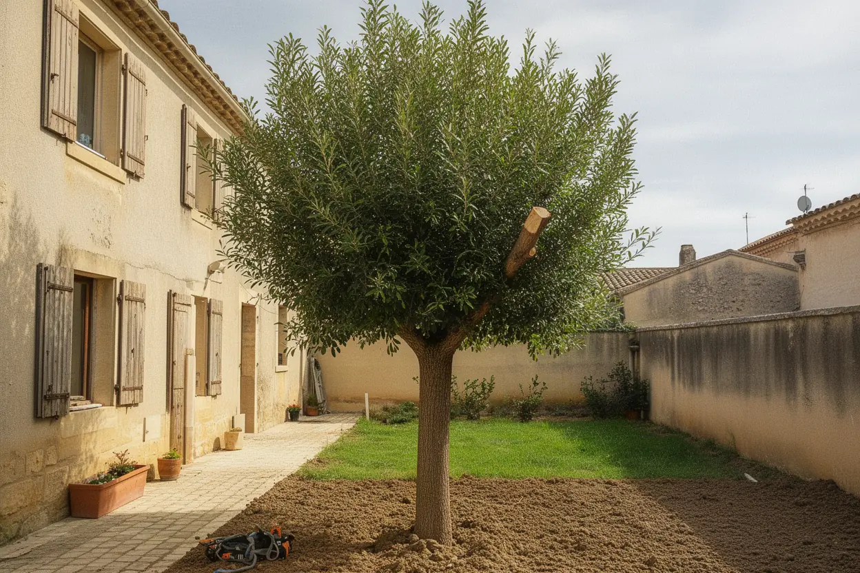 Arbre élagué avec branches dégagées dans une cour de Barbentane