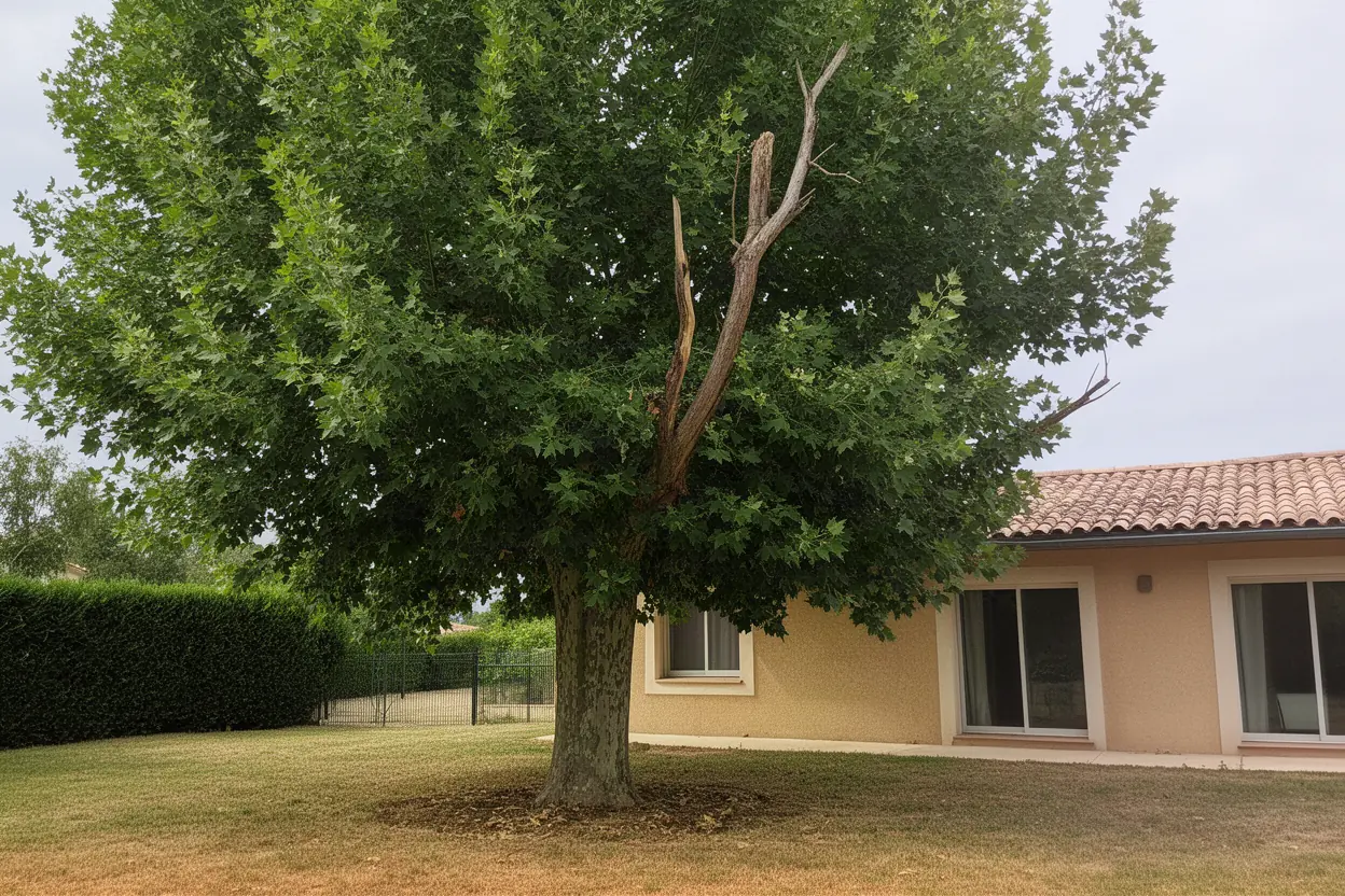 Arbre dense débordant sur un toit avant la taille