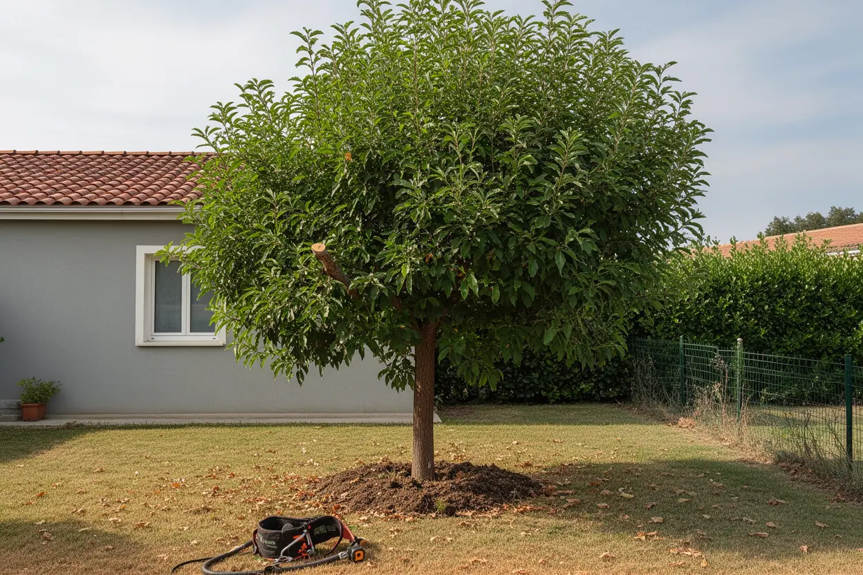 Même arbre allégé et dégagé après la taille sur cordes