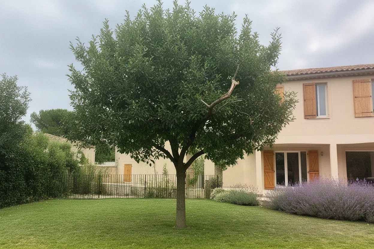 Arbre au houppier dense au-dessus d'un abri de jardin