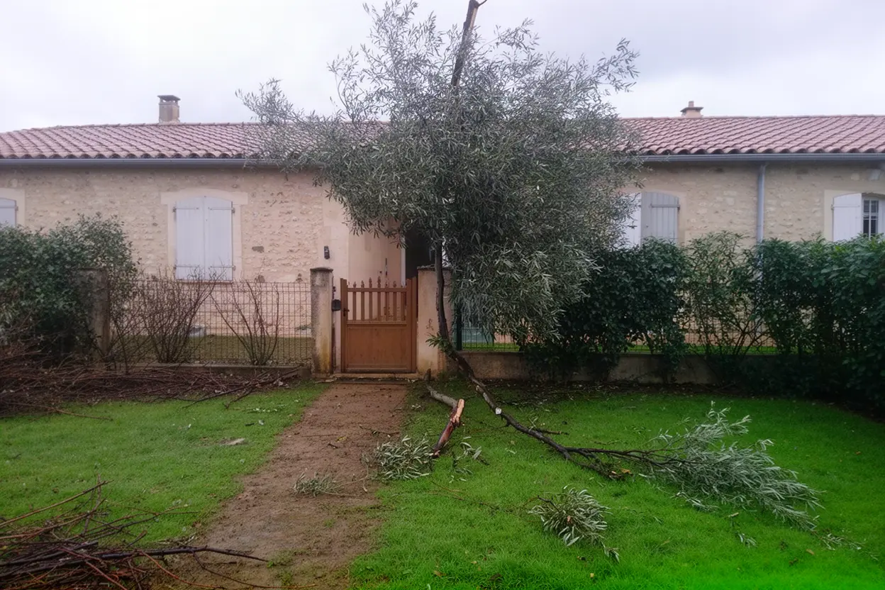 Arbre fendu penchant vers une clôture avant mise en sécurité