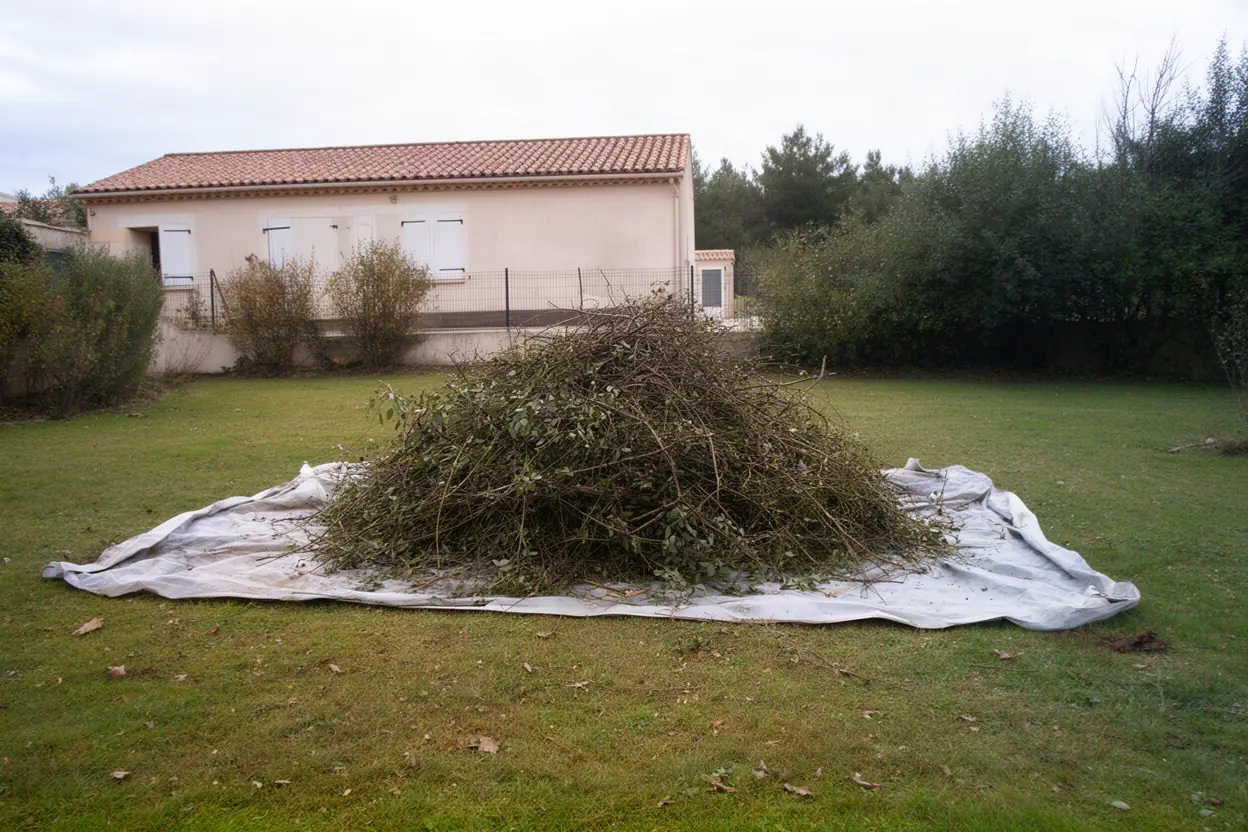 Tas de branchages coupés encombrant un terrain à Pujaut