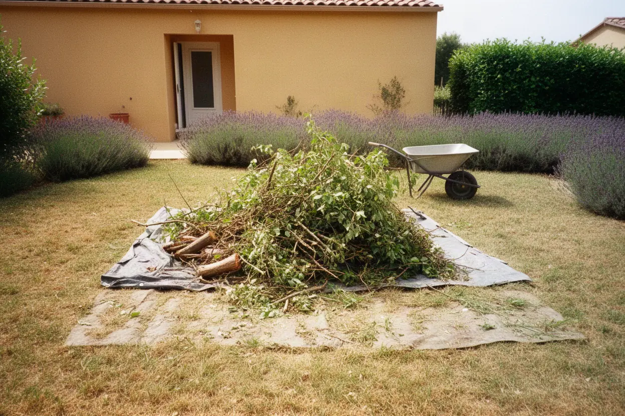 Jardin encombré de branches coupées avant évacuation