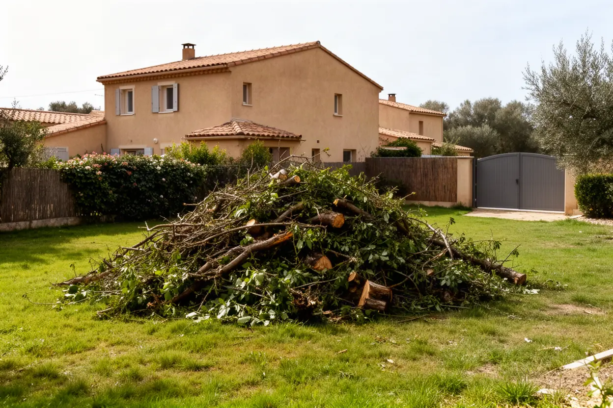 Tas de branches et de feuillage après élagage dans un jardin de Vedène