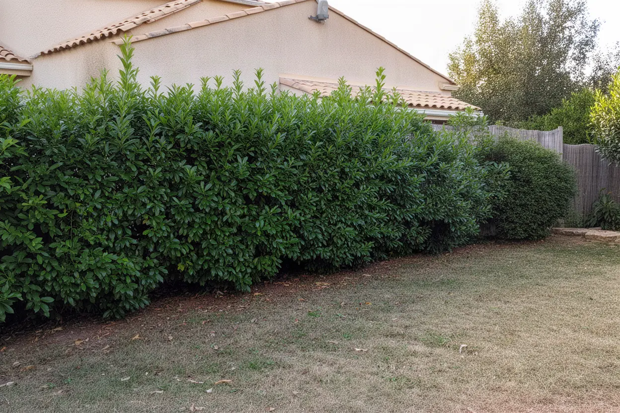 Haie de cyprès débordante avant taille dans un jardin à Rognonas