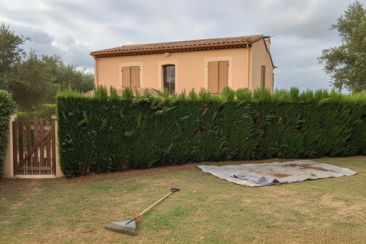 Haie entretenue après coupe dans un jardin à Velleron