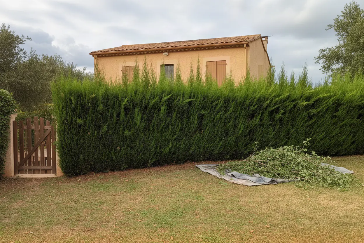 Haie dense avant intervention dans un jardin à Velleron